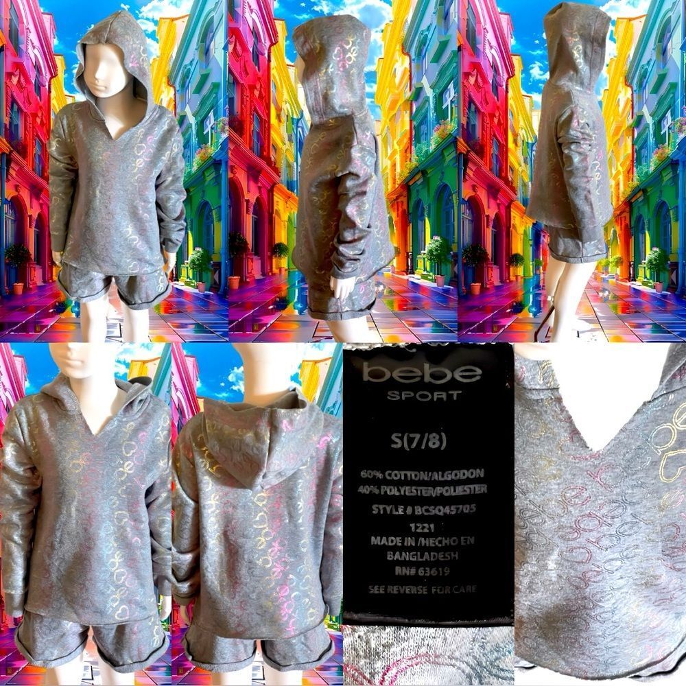 EUC GIRLS’ BEBE SPORT GREY W/METALLIC RAINBOW FONT  2 PIECE SET SIZE 7/8
